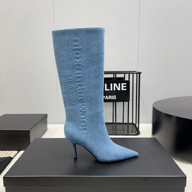 KNEE HIGH BOOTS 85 MM IN CERULEAN BLUE DENIM FABRIC