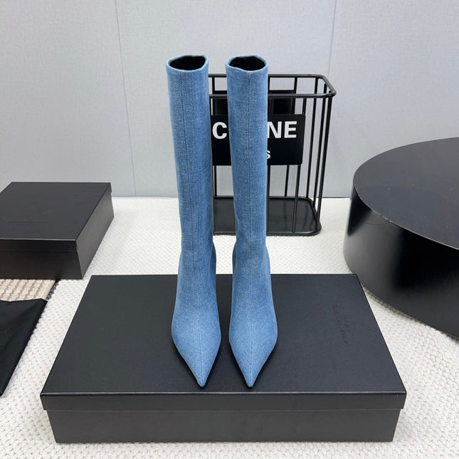KNEE HIGH BOOTS 85 MM IN CERULEAN BLUE DENIM FABRIC