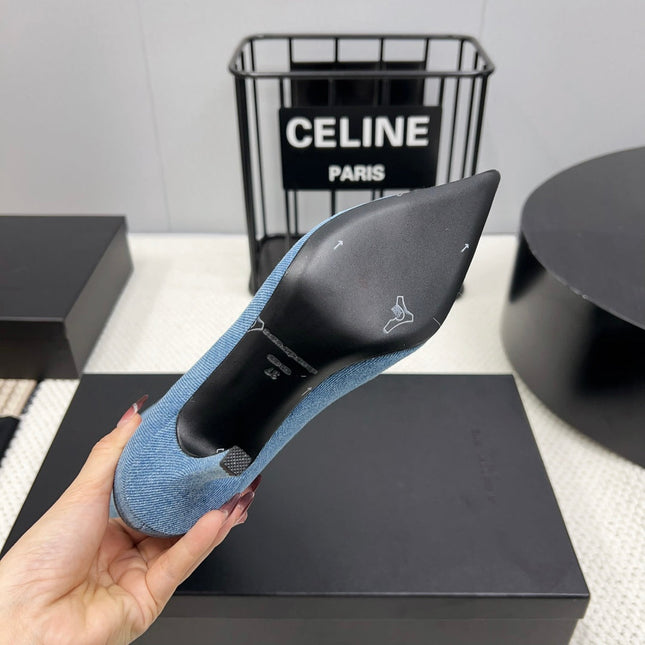 KNEE HIGH BOOTS 85 MM IN CERULEAN BLUE DENIM FABRIC