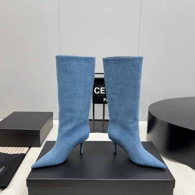 KNEE HIGH BOOTS 85 MM IN CERULEAN BLUE DENIM FABRIC