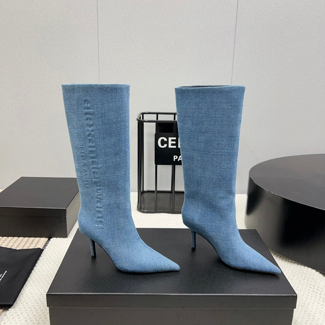 KNEE HIGH BOOTS 85 MM IN CERULEAN BLUE DENIM FABRIC