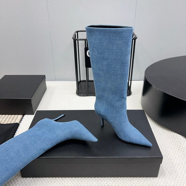 KNEE HIGH BOOTS 85 MM IN CERULEAN BLUE DENIM FABRIC