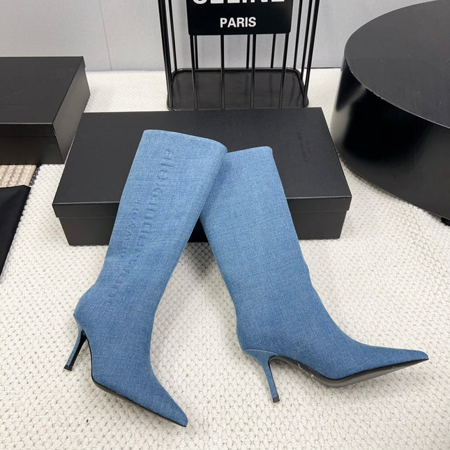KNEE HIGH BOOTS 85 MM IN CERULEAN BLUE DENIM FABRIC