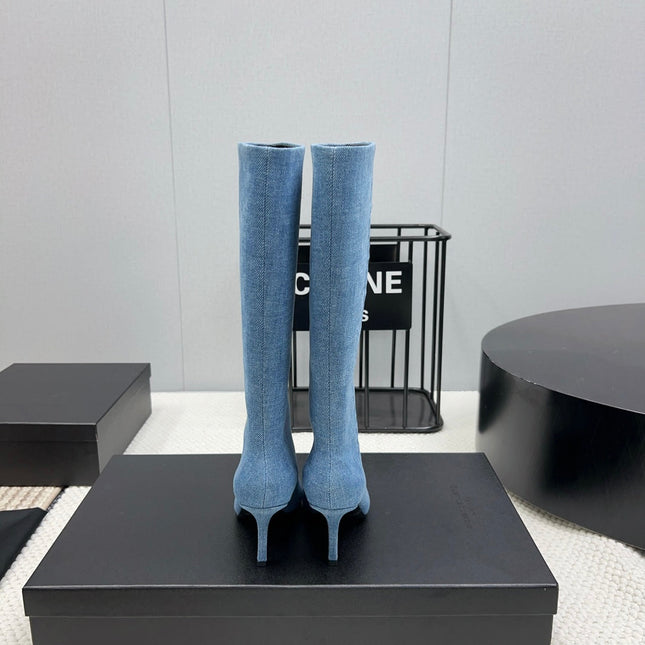 KNEE HIGH BOOTS 85 MM IN CERULEAN BLUE DENIM FABRIC