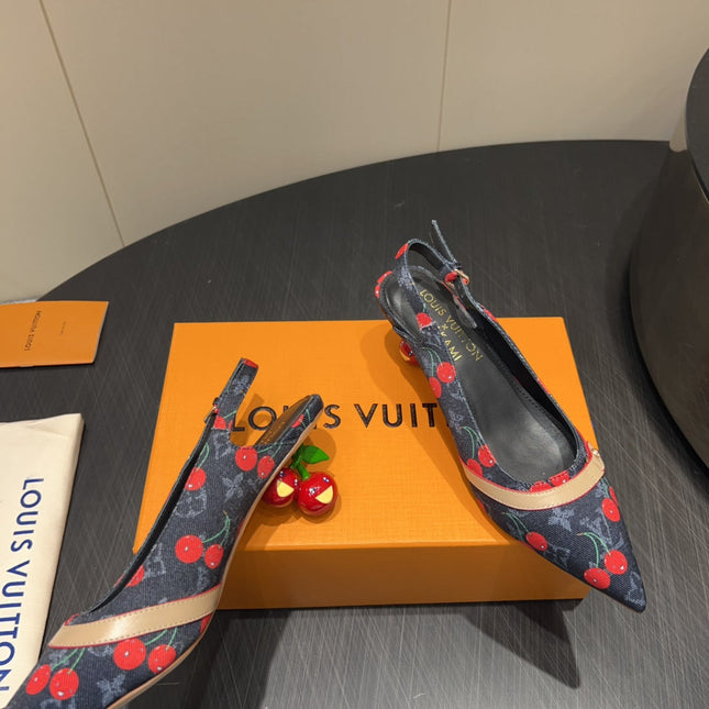 LV HIGH SLINGBACK LOGO AND CHERRY PRINT 25S 55MM IN CHARCOAL BLACK DENIM