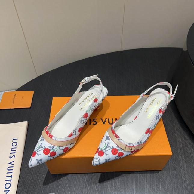 LV HIGH SLINGBACK LOGO AND CHERRY PRINT 25S 55MM IN WHITE DENIM