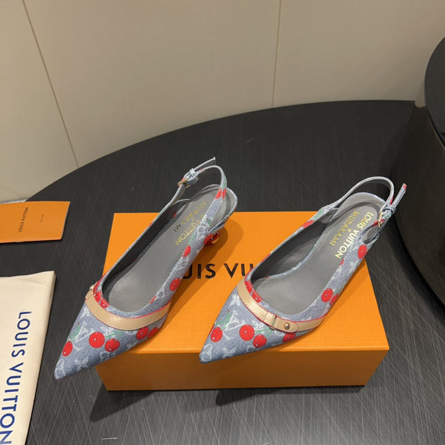 LV HIGH SLINGBACK LOGO AND CHERRY PRINT 25S 55MM IN GREY DENIM