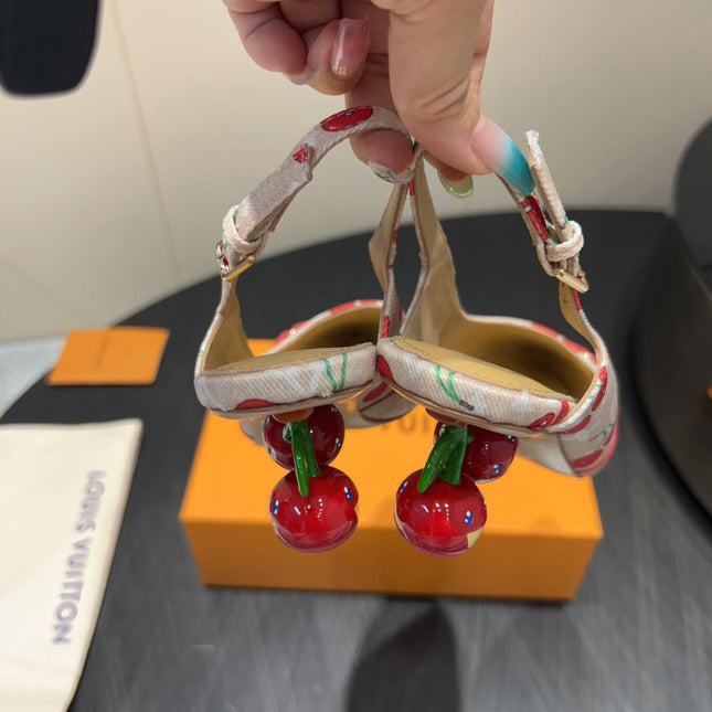 LV HIGH SLINGBACK LOGO AND CHERRY PRINT 25S 55MM IN BLUSH NUDE DENIM
