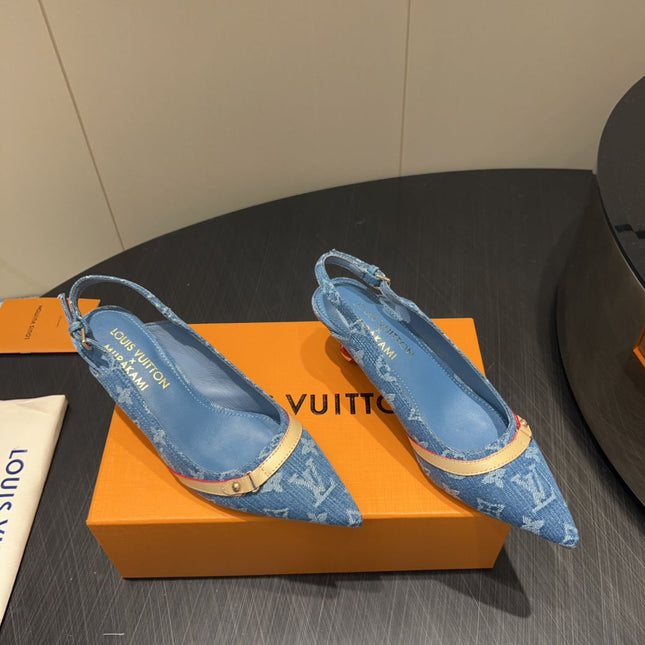 LV HIGH SLINGBACK LOGO PRINT 25S 55MM IN BLUE DENIM