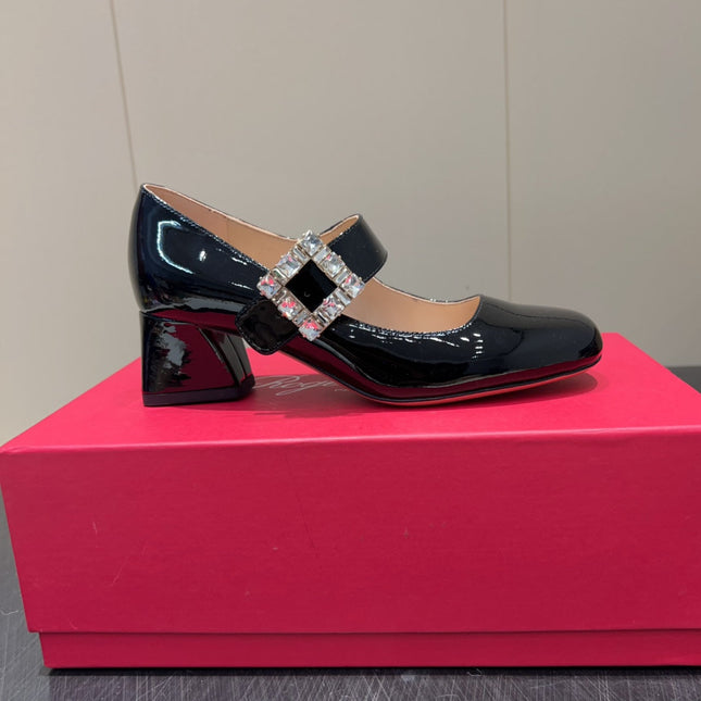 ROGER VIVIER 25S TRÈS VIVIER 50MM IN BLACK CALFSKIN WITH RHINESTONE BUCKLE