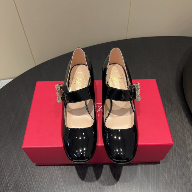 ROGER VIVIER 25S TRÈS VIVIER 50MM IN BLACK CALFSKIN WITH RHINESTONE BUCKLE