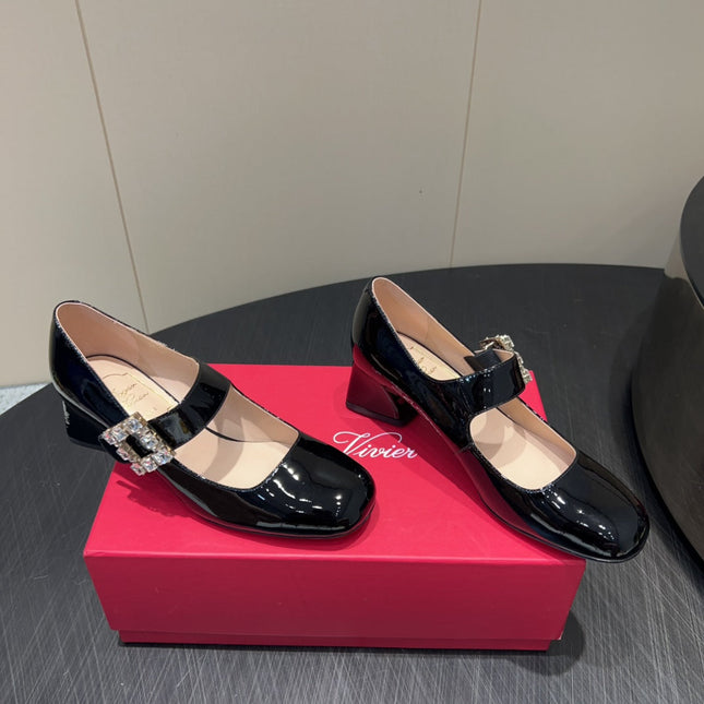 ROGER VIVIER 25S TRÈS VIVIER 50MM IN BLACK CALFSKIN WITH RHINESTONE BUCKLE