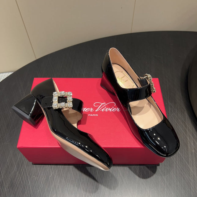 ROGER VIVIER 25S TRÈS VIVIER 50MM IN BLACK CALFSKIN WITH RHINESTONE BUCKLE