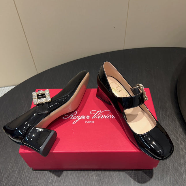 ROGER VIVIER 25S TRÈS VIVIER 50MM IN BLACK CALFSKIN WITH RHINESTONE BUCKLE