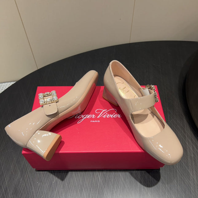 ROGER VIVIER 25S TRÈS VIVIER 50MM IN NUDE CALFSKIN WITH RHINESTONE BUCKLE