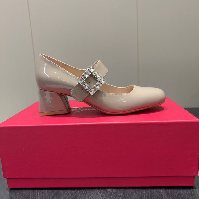 ROGER VIVIER 25S TRÈS VIVIER 50MM IN NUDE CALFSKIN WITH RHINESTONE BUCKLE