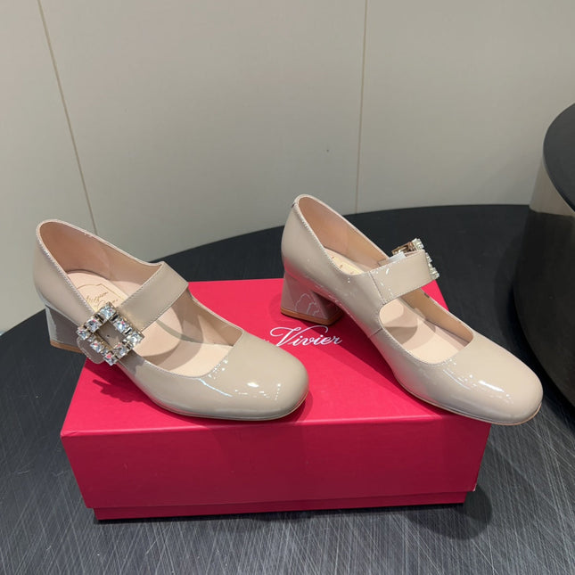 ROGER VIVIER 25S TRÈS VIVIER 50MM IN NUDE CALFSKIN WITH RHINESTONE BUCKLE