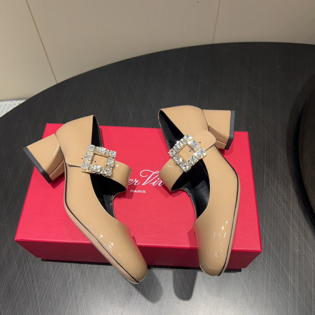 ROGER VIVIER 25S TRÈS VIVIER 50MM IN BEIGE CALFSKIN WITH RHINESTONE BUCKLE