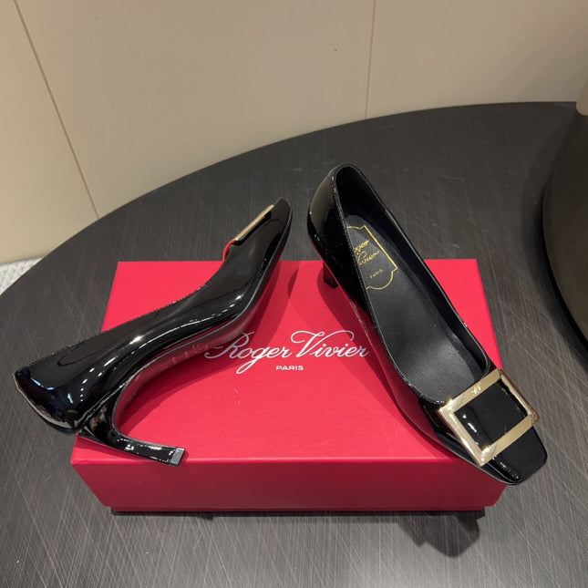 ROGER VIVIER 25S BELLE VIVIER PUMPS 70MM IN BLACK CALFSKIN GOLD BUCKLE