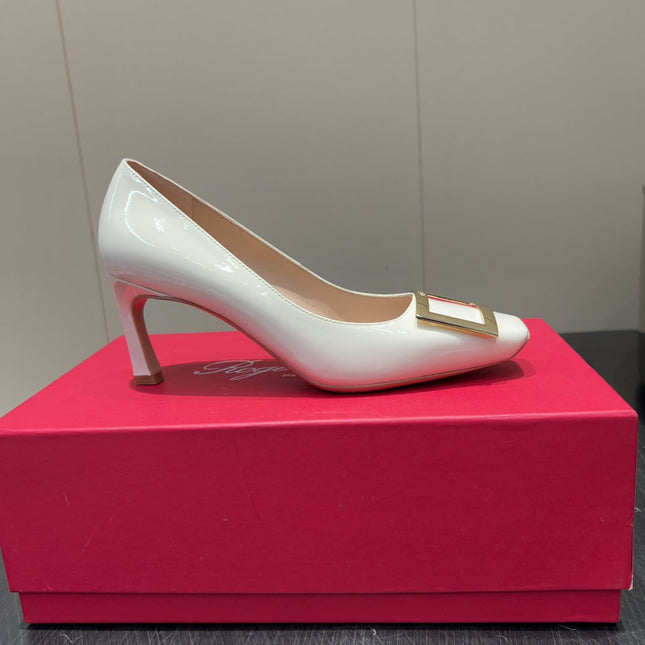 ROGER VIVIER 25S BELLE VIVIER PUMPS 70MM IN WHITE CALFSKIN GOLD BUCKLE