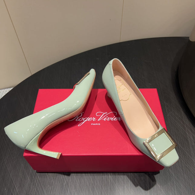 ROGER VIVIER 25S BELLE VIVIER PUMPS 70MM IN PALE MINT GREEN CALFSKIN GOLD BUCKLE
