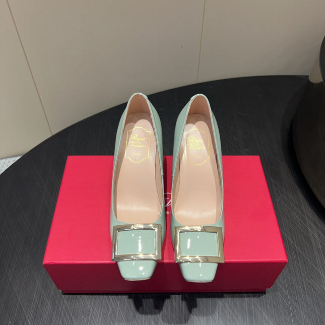 ROGER VIVIER 25S BELLE VIVIER PUMPS 70MM IN PALE MINT GREEN CALFSKIN GOLD BUCKLE