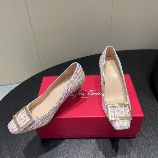 ROGER VIVIER 25S TROMPETTE SQUARE TOE HIGH HEELS 70MM IN PINK TWEED