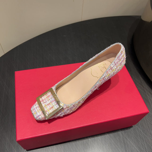 ROGER VIVIER 25S TROMPETTE SQUARE TOE HIGH HEELS 70MM IN PINK TWEED