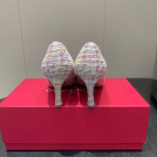 ROGER VIVIER 25S TROMPETTE SQUARE TOE HIGH HEELS 70MM IN PINK TWEED