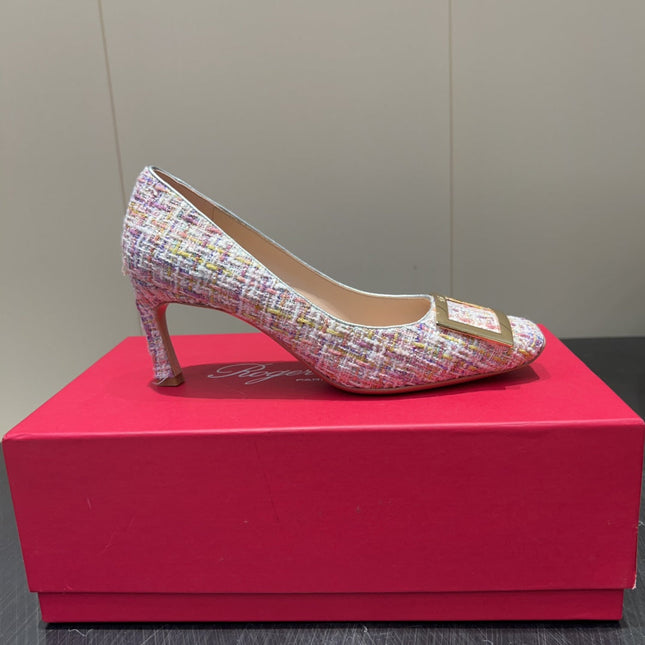 ROGER VIVIER 25S TROMPETTE SQUARE TOE HIGH HEELS 70MM IN PINK TWEED