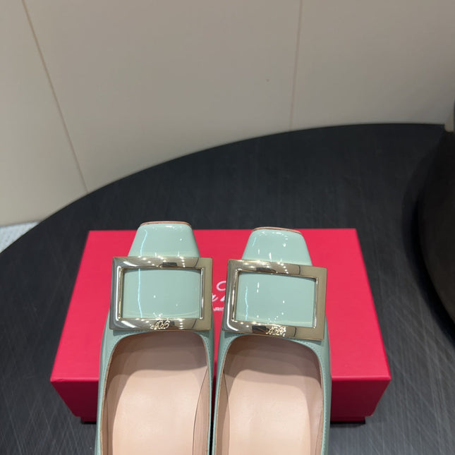 ROGER VIVIER 25S BELLE VIVIER PUMPS 45MM IN PALE MINT GREEN CALFSKIN GOLD BUCKLE