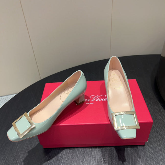 ROGER VIVIER 25S BELLE VIVIER PUMPS 45MM IN PALE MINT GREEN CALFSKIN GOLD BUCKLE