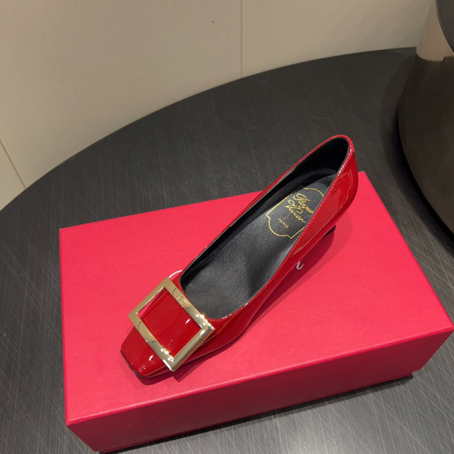 ROGER VIVIER 25S BELLE VIVIER PUMPS 45MM IN CRIMSON RED CALFSKIN GOLD BUCKLE