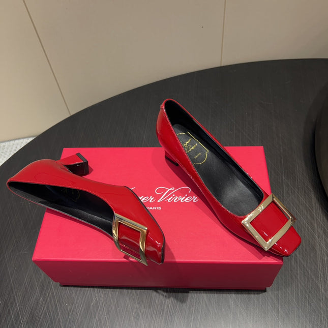 ROGER VIVIER 25S BELLE VIVIER PUMPS 45MM IN CRIMSON RED CALFSKIN GOLD BUCKLE