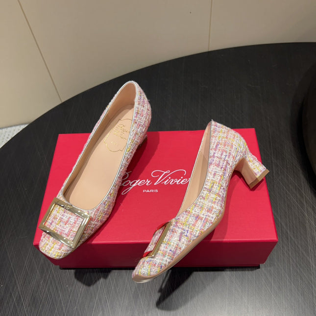 ROGER VIVIER 25S TROMPETTE SQUARE TOE HIGH HEELS 45MM IN PINK TWEED