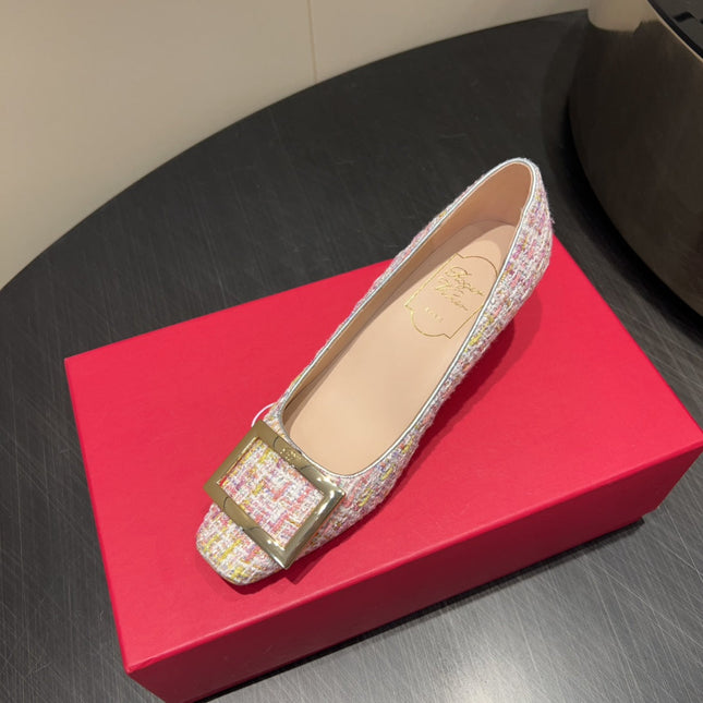 ROGER VIVIER 25S TROMPETTE SQUARE TOE HIGH HEELS 45MM IN PINK TWEED