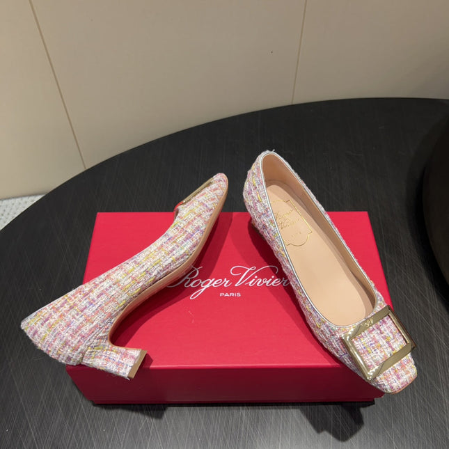 ROGER VIVIER 25S TROMPETTE SQUARE TOE HIGH HEELS 45MM IN PINK TWEED