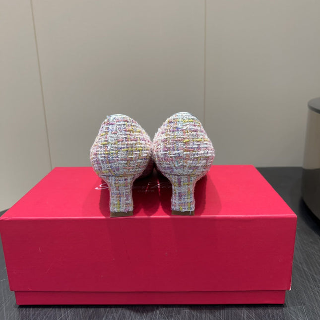 ROGER VIVIER 25S TROMPETTE SQUARE TOE HIGH HEELS 45MM IN PINK TWEED