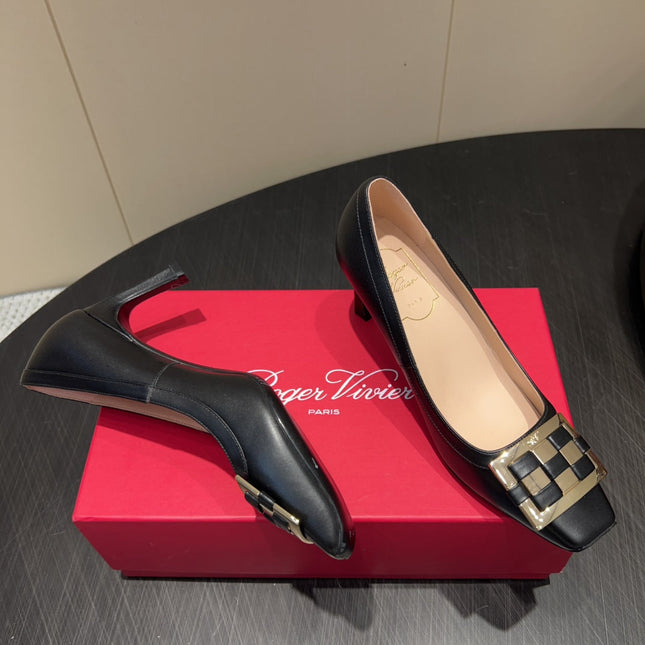 ROGER VIVIER 25S TROMPETTE SQUARE TOE HIGH HEELS 70MM IN BLACK SHINY CALFSKIN