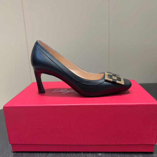 ROGER VIVIER 25S TROMPETTE SQUARE TOE HIGH HEELS 70MM IN BLACK SHINY CALFSKIN