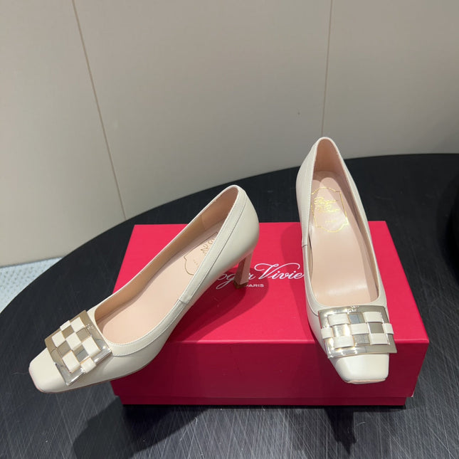 ROGER VIVIER 25S TROMPETTE SQUARE TOE HIGH HEELS 70MM IN IVORY SHINY CALFSKIN