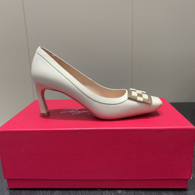 ROGER VIVIER 25S TROMPETTE SQUARE TOE HIGH HEELS 70MM IN IVORY SHINY CALFSKIN