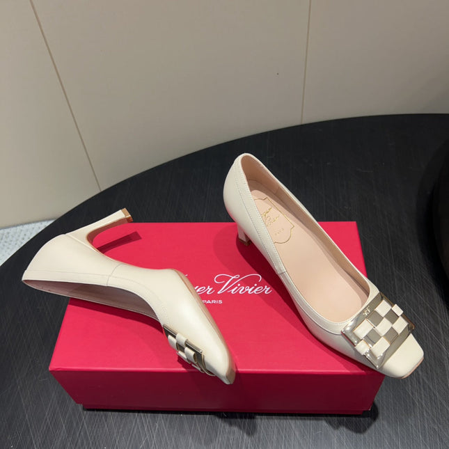 ROGER VIVIER 25S TROMPETTE SQUARE TOE HIGH HEELS 70MM IN IVORY SHINY CALFSKIN