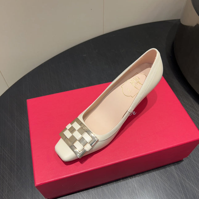 ROGER VIVIER 25S TROMPETTE SQUARE TOE HIGH HEELS 70MM IN IVORY SHINY CALFSKIN