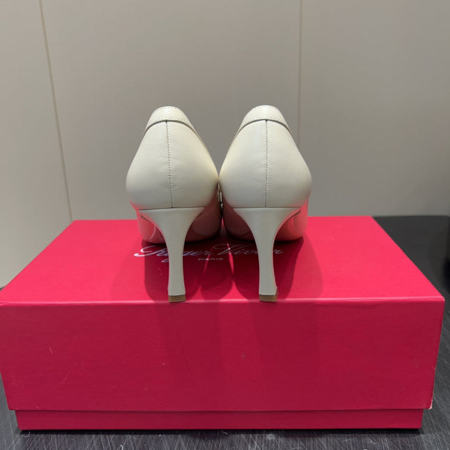 ROGER VIVIER 25S TROMPETTE SQUARE TOE HIGH HEELS 70MM IN IVORY SHINY CALFSKIN