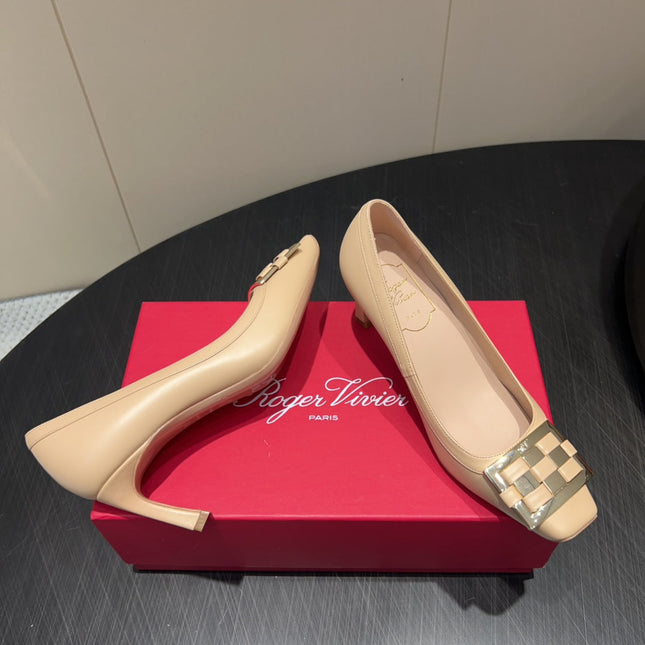 ROGER VIVIER 25S TROMPETTE SQUARE TOE HIGH HEELS 70MM IN NUDE SHINY CALFSKIN