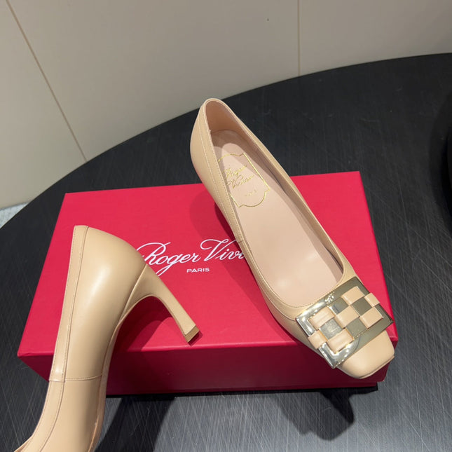 ROGER VIVIER 25S TROMPETTE SQUARE TOE HIGH HEELS 70MM IN NUDE SHINY CALFSKIN