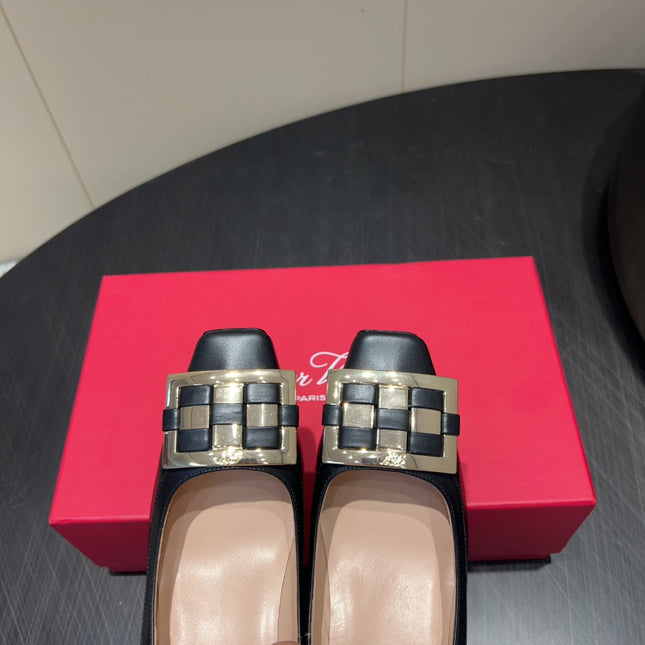 ROGER VIVIER 25S TROMPETTE SQUARE TOE HIGH HEELS 45MM IN BLACK SHINY CALFSKIN