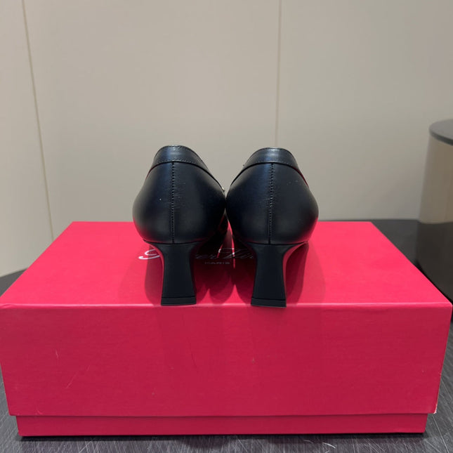 ROGER VIVIER 25S TROMPETTE SQUARE TOE HIGH HEELS 45MM IN BLACK SHINY CALFSKIN