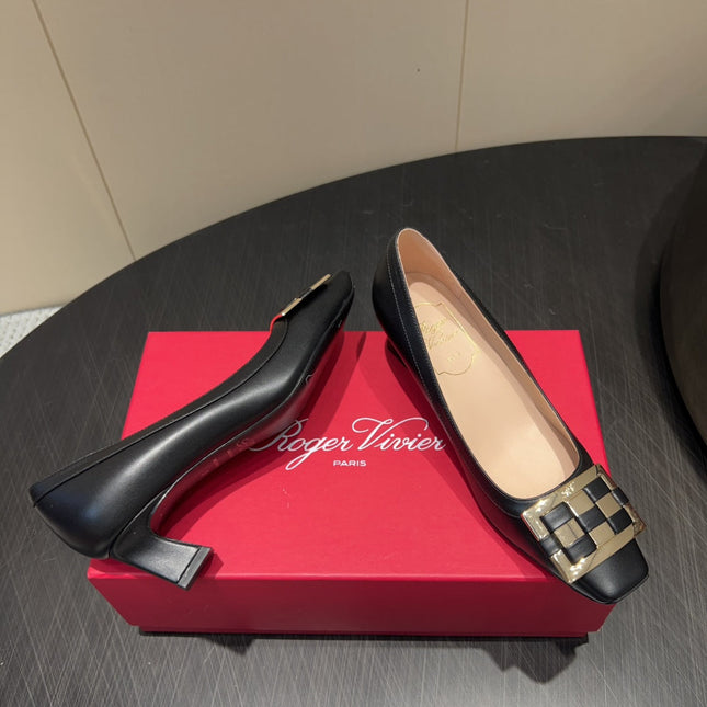 ROGER VIVIER 25S TROMPETTE SQUARE TOE HIGH HEELS 45MM IN BLACK SHINY CALFSKIN